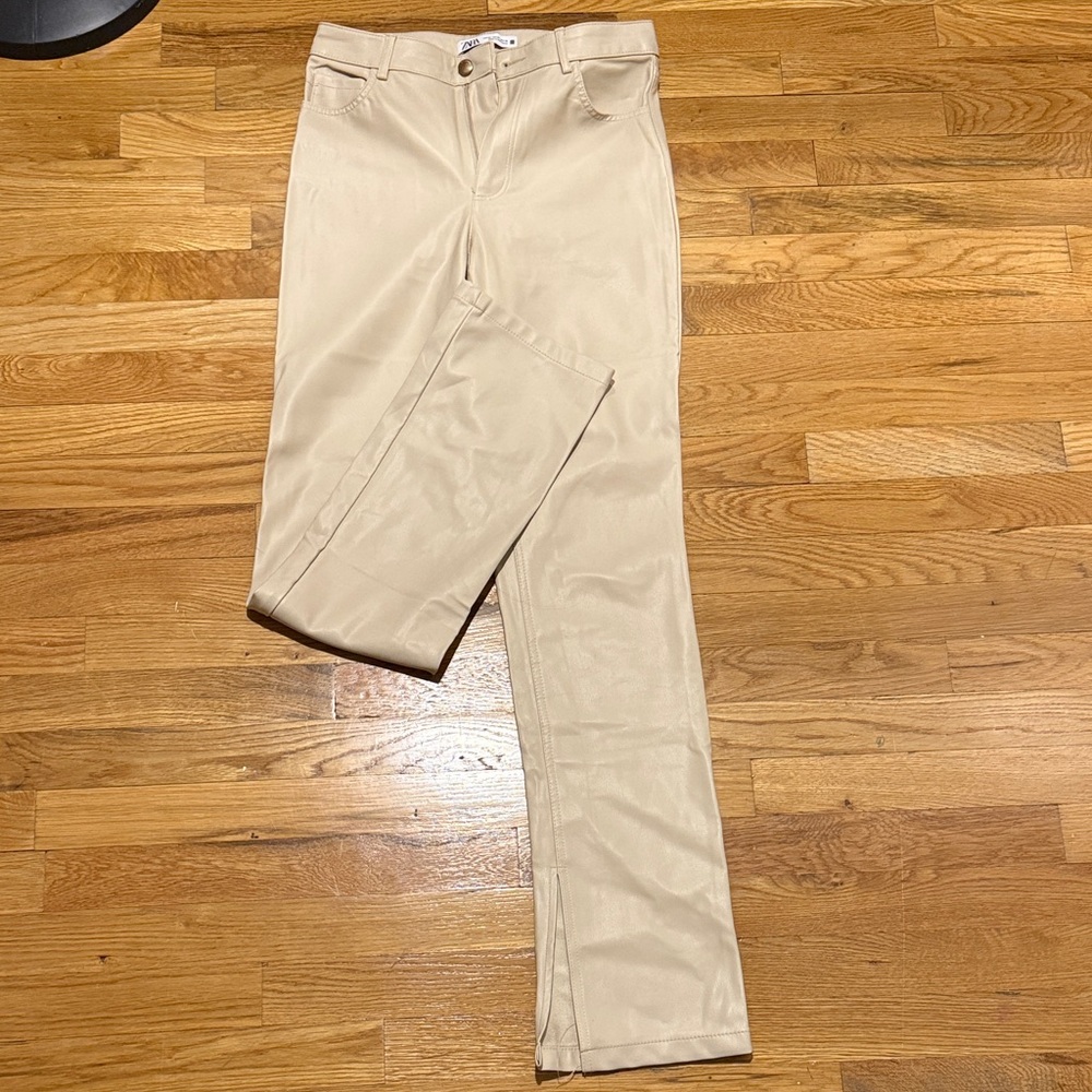 Zara Beige Vegan Leather Pleather Flare Pants